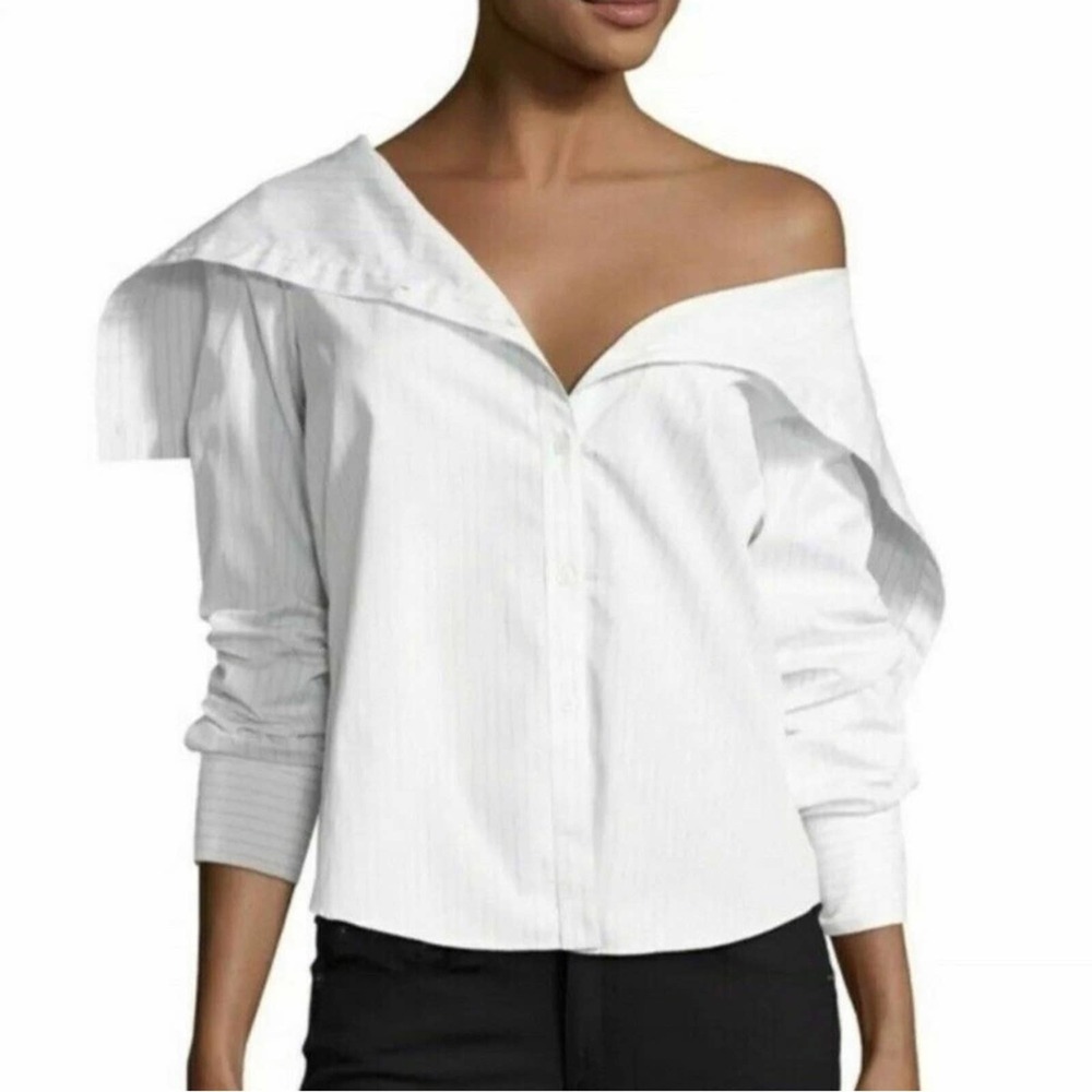 THEORY Doherty Black White Porter Stripe Button Front Off Shoulder Womens Medium - Picture 10 of 10